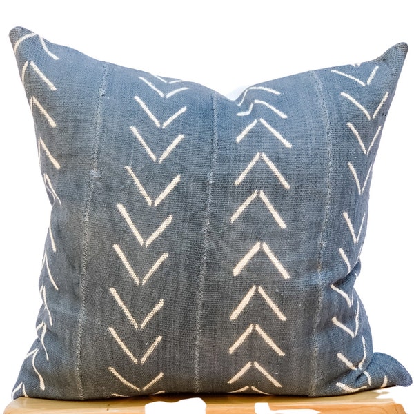 Grey Mudcloth Pillow Cover 22x22, White chevrons on blue/grey Pillow Cover, Authentic Throw Pillow, Cushion Cover, African Pillow