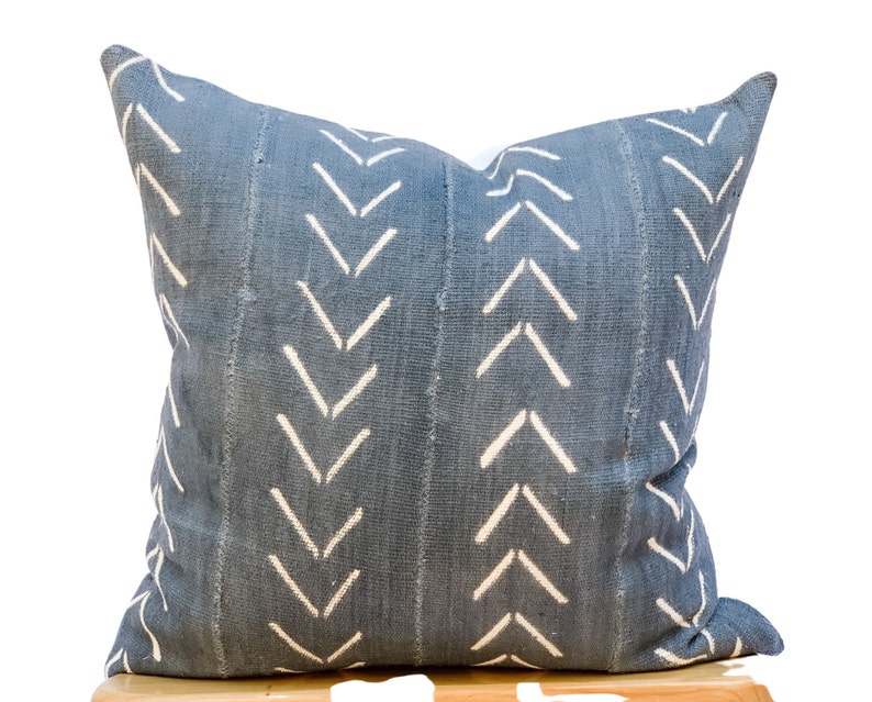 View of Grey Mudcloth Pillow Cover 22x22, White Chevrons on Blue/grey Pillow ...