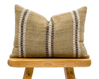 Lumbar Pillow Cover, Indian Wool Pillow Cover, Tan Beige Wool Pillow, Tan with Stripes Pillow Cover 14x20, Lumbar Pillow, Farmhouse pillow