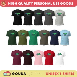 May include: A collection of unisex t-shirts featuring a pixelated spaceship design in various colors, including black, forest green, maroon, and white. The text "HIGH QUALITY PERSONAL USE GOODS" and "UNISEX T-SHIRTS" are displayed at the top and bottom of the image, respectively. The word "GOUDA" is displayed in a yellow box with a cheese wedge graphic.