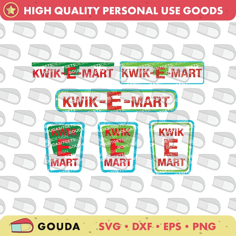 May include: Four different designs of a logo for a store called "Kwik-E-Mart". The logo is a red and green rectangle with the text "Kwik-E-Mart" in white. The logos are on a white background with a pattern of gray pills.