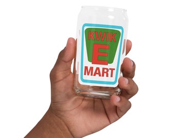 Copo para beber Kwik-E-Mart - Vidro em formato de lata dos Simpsons - 16 onças - Itens físicos - Vidros impressos grossos e duráveis