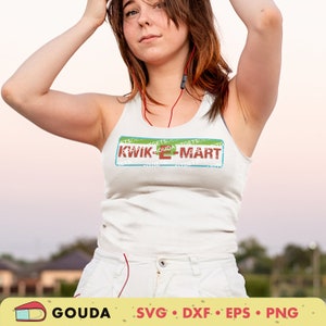 May include: A white tank top with a red, green, and blue graphic that says "KWIK-E-MART" in a retro style.