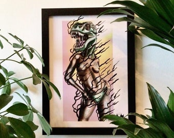 A4 Tattoo Style Art Print Poster | Dinosaur Pin Up Girl | Neo Traditional Tattoo | Tattooed Woman | Pastel Colour | T-Rex | Flames Tattoo