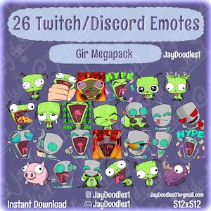 Puede incluir: Una colección digital de 26 emoticonos para Twitch y Discord titulada 26 Twitch/Discord Emotes Gir Megapack de JayDoodles1. El conjunto presenta varias ilustraciones del personaje Gir en diferentes expresiones, poses y colores, incluido el verde.