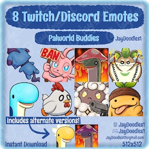 Pode incluir: Uma coleção digital de 8 emotes para Twitch e Discord intitulada Palworld Buddies por JayDoodles1. O conjunto apresenta várias criaturas de desenho animado, incluindo um personagem rosa segurando uma placa BAN, um cogumelo e uma ovelha armada.