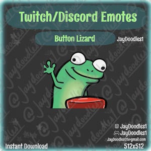 以下が含まれることがあります： 大きな白い目と赤いボタンが付いた、緑色の漫画のトカゲのデジタルグラフィック。テキストは「Twitch/Discord Emotes」と「Button Lizard」と書かれています。画像には「Instant Download」とラベルが付けられ、512x512ピクセルです。