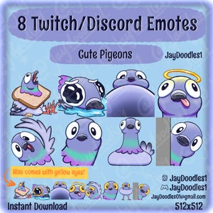 Könnte beinhalten: Eine digitale Download-Grafik mit acht Cartoon-Tauben-Emotes für Twitch oder Discord. Die Emotes sind in verschiedenen Posen und Ausdrücken gehalten, mit lila, grünen und gelben Akzenten. Der Text enthält "Cute Pigeons", "Also comes with yellow eyes!" und "Instant Download."