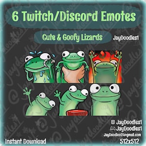 May include: Six digital Twitch and Discord emotes featuring cartoon lizards in green with different expressions. The emotes include a lizard wiping its face, holding its hands up, and more. Text reads "Cute & Goofy Lizards" and "Instant Download."