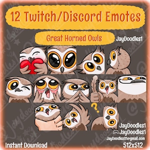 Könnte beinhalten: Eine digitale Download-Grafik mit 12 Cartoon-Eulen-Emotes für Twitch und Discord. Die Eulen haben verschiedene Ausdrücke, darunter das Halten eines Herzens, ein Daumen hoch und ein fragender Blick. Der Text lautet "12 Twitch/Discord Emotes" und "Great Horned Owls".