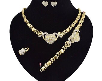 Womens 14K Gold Tone Hugs /& Kisses I LOVE YOU Necklace Bracelet Set Stainless Steel With Hoop Earrings 18