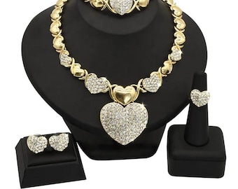 HUGS&KISSES xo set icedcut big heart necklace bracelet earrings ring 18k Layered real gold filled #149