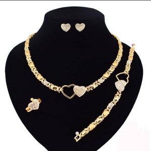 HUGS & KISSES Necklace With Bracelet 18" Xo Earrings, (Ring size 9) 18k Layered GF style #1