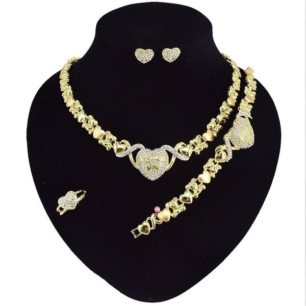 HUGS & KISSES teddy bear Necklace With Bracelet 18" Xo Earrings, (Ring size 9) 18k Layered GF style #13