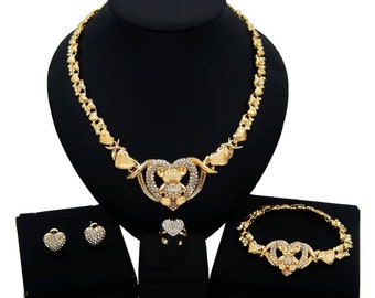 Hugs & Kisses Teddy Bear Heart Jewelry Set – 18k Gold Filled, Necklace, Bracelet, Ring, Earrings