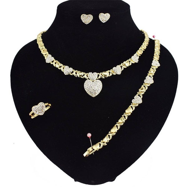 HUGS & KISSES Necklace With Bracelet 18" Xo Earrings, (Ring size 9) 18k Layered GF style #18