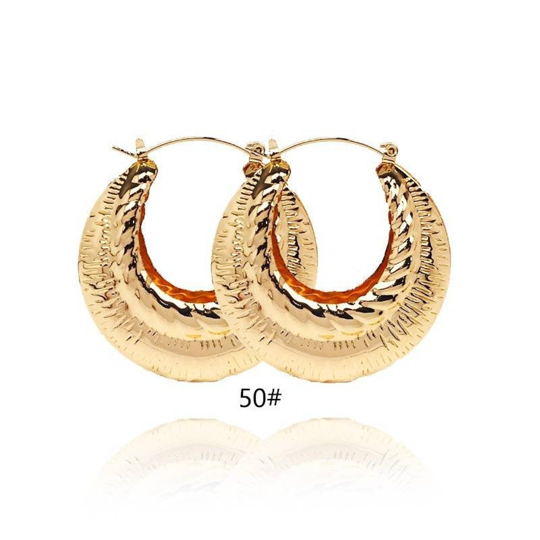 Belle Pink Gold Tone Hollow Casting Round Bamboo Hoop Earrings- 3 Inches, Made In Korea And Ship From USA - Foto 5