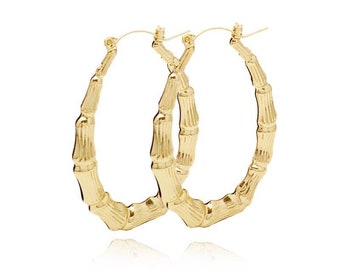 18k Layered Real Gold Filled Oval Bamboo Hoop Earrings Multi