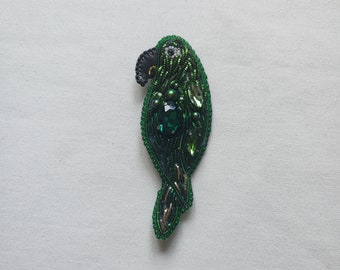 Green parrot brooch. Handmade brooch. Women's accessories. Gift idea. Embroided brooch. Beaded brooch. Pin brooch. Women's jewelry.