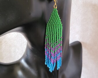 Handmade earrings. Long earrings. Fringe earrings. Tricolor earrings. Boho earrings. Girls accessories. Jewelry for womens. Beaded jewelry.