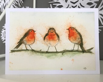 Carte de Noël de Robin, aquarelle de Robin, carte faite main, carte d'aquarelle, impression de Robin de la peinture originale, rouges-gorges effrontés, 3 rouges-gorges d'affilée