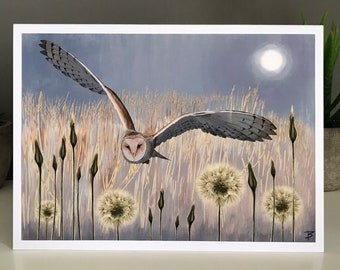 Carte de chouette effraie des clochers, carte faite main, carte d'art, effraie des clochers au clair de lune, carte d'oiseaux britanniques, carte de faune, nature, clair de lune, effraie des clochers, pissenlits