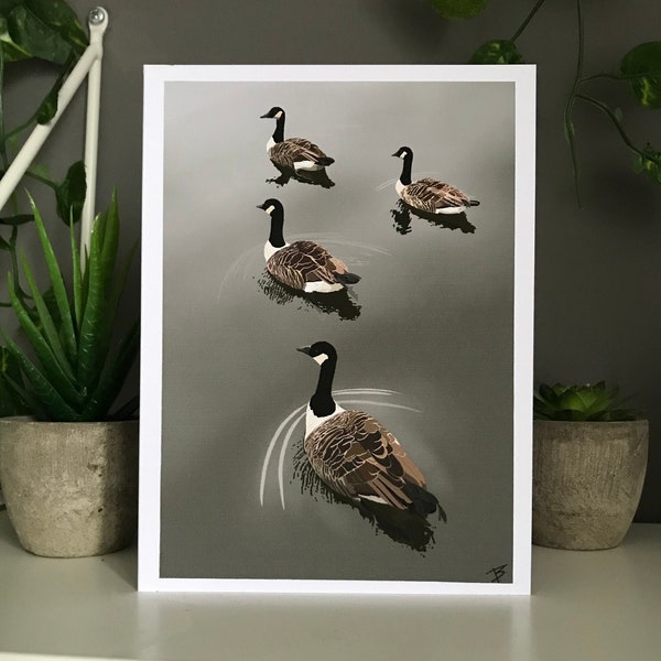 Canada Geese on lake, Handmade card, Art Card, High quality print, Canada Geese on water, Nature, Wildlife card, Geese swimming, Goose card