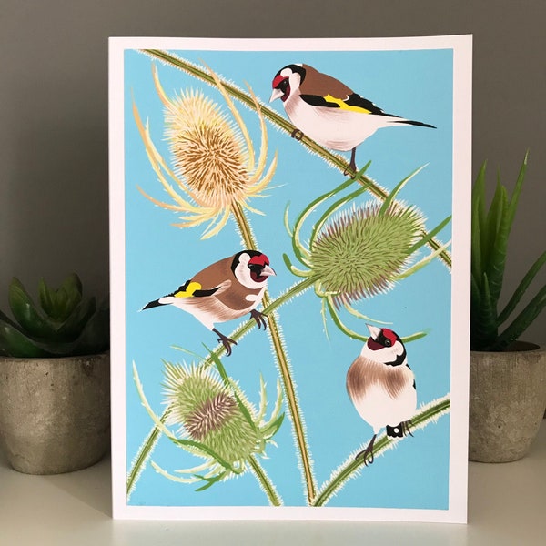 Goldfinches card, Bird card, Handmade greeting card, Goldfinches on teasels, High quality print, blank card, British Birds, Art Card, Nature