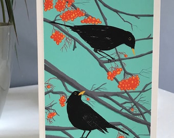 Blackbirds with Berries Card, Handmade card, Blackbirds, Quality Bird Print, Blank Greetings Card, British birds, Berries, Art card,