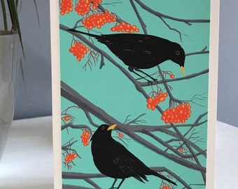 Carte Merles avec baies, carte faite main, merles, impression d'oiseau de qualité, carte de voeux vierge, oiseaux britanniques, baies, carte d'art,