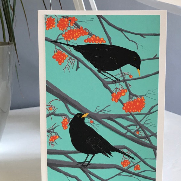 Blackbirds with Berries Card, Handmade card, Blackbirds, Quality Bird Print, Blank Greetings Card, British birds, Berries, Art card,