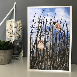 Biglietto passeri, biglietto fatto a mano, passeri, stampa di qualità premium, biglietto di auguri vuoto, biglietto artistico, fauna selvatica britannica, uccelli britannici, biglietto natura