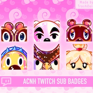Puede incluir: Seis insignias de suscripción de Twitch coloridas con personajes de Animal Crossing. Las insignias están en un patrón de cuadrícula con un fondo rosa. Los personajes son Tom Nook, Isabelle, K.K. Slider, Marshal y dos aldeanos. El texto "ACNH Twitch Sub Badges" está en la parte inferior de la imagen.