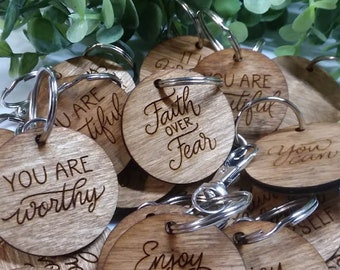 Positivity keychains, laser cut engraved, birch keychains, positive vibes keychains, wood keychain, inspirational, good vibes keychains
