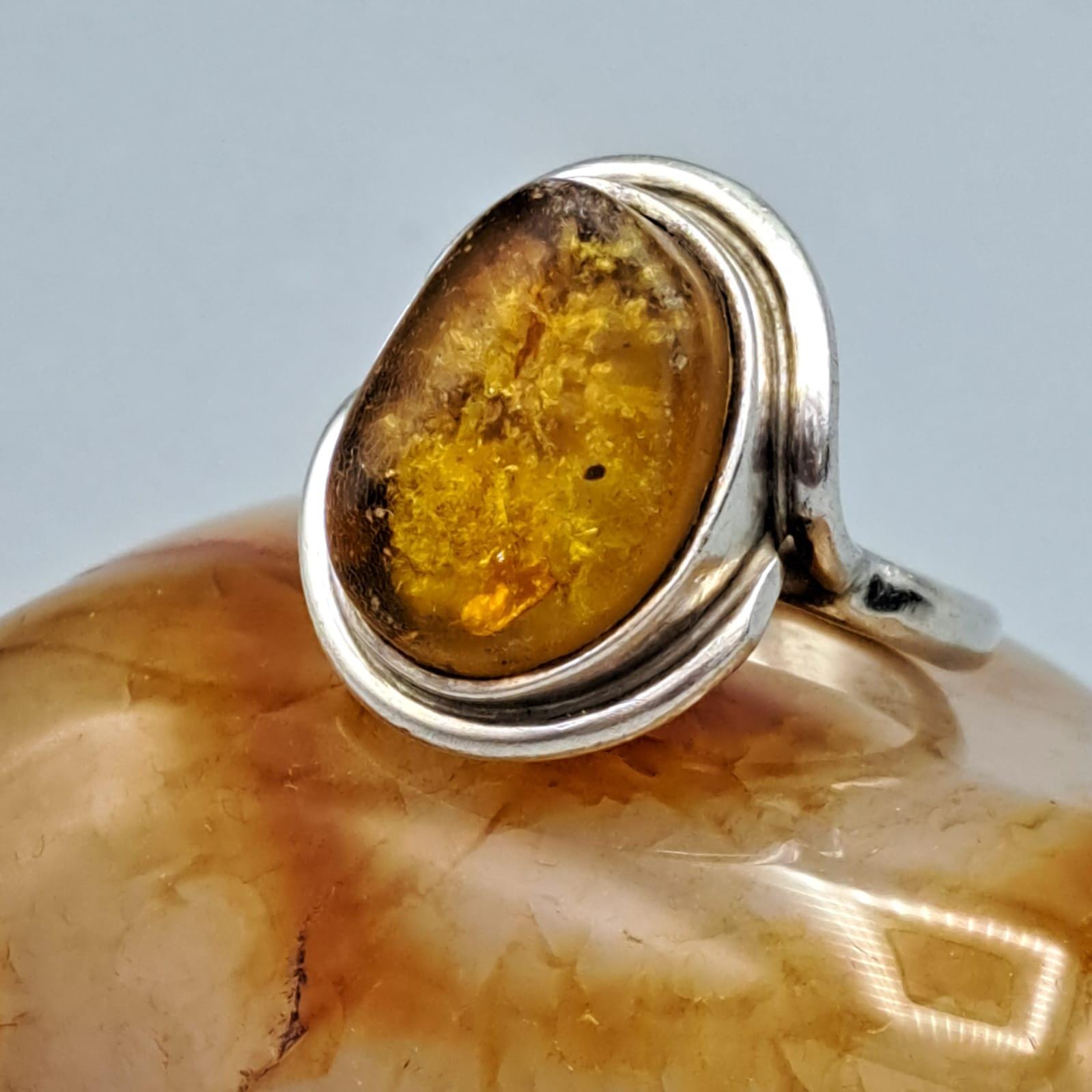 Vintage Amber Ring With Very Large Stone Silver 925 Size EU 54 