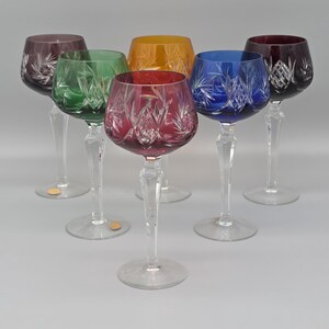 6 Vintage Bohemian Crystal Wine Glasses | Lausitz lead crystal Roman colorful | Colorful Cut to Clear Stemware | 1970s German Crystal