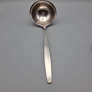 May include: A stainless steel ladle with a round bowl and a long, slender handle. The ladle is made of shiny, silver-colored metal and is designed for serving soups, sauces, or other liquids. The handle has a smooth, polished finish.