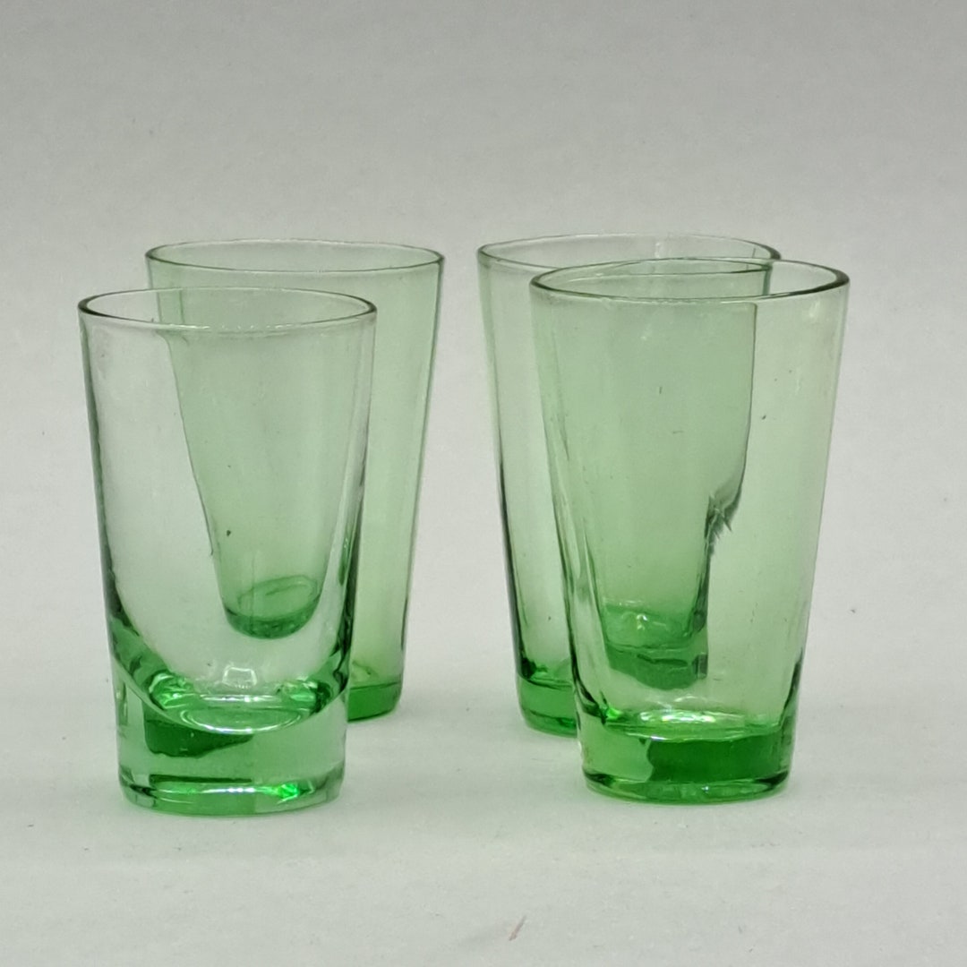 Art Deco Liqueur / Shot Glasses Set of 4 Green Pressed Glass Around
