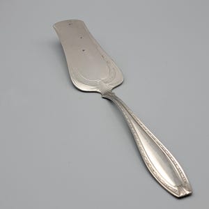 Può includere: Servitore per torte color argento con una lama larga, leggermente curva e un manico lungo e sottile. La lama presenta un design ornato inciso vicino al manico. Il manico ha un bordo decorativo. Un classico oggetto da portata.