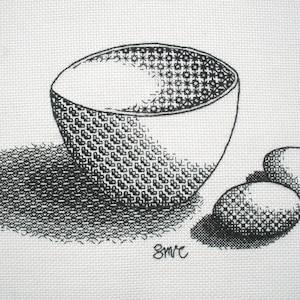 Può includere: Un disegno in bianco e nero di una ciotola e due uova. La ciotola è vuota e le uova sono intere. Il disegno è su uno sfondo bianco.