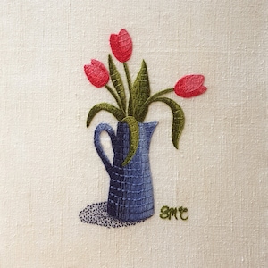 Embroidery pattern, Bayeux Stitch, Jug of Tulips, Appletons wool, clear instructions, textile art, flower picture, floral arrangement, linen