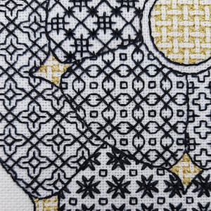 Tudor Rose, Blackwork pattern, stitch sampler, geometric motifs, black and white, gold highlights, clear diagrams, photographs, 11 designs image 1