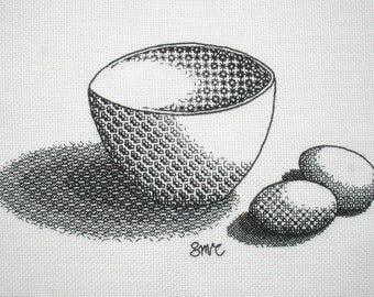Blackwork Embroidery Pattern, Eggs and Bowl, Aida Fabric (PDF Pattern)