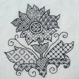 Blackwork pattern, vintage flower, traditional style, Jacobean or Tudor, diagrams, stitch photographs, stitched gift, to make, on evenweave