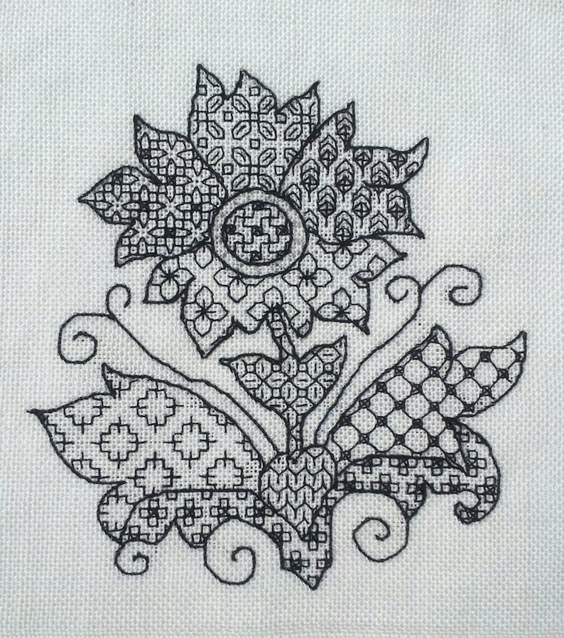 Blackwork Pattern, Vintage Flower, Traditional Style, Jacobean or Tudor