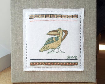 Bayeux Stitch, yellow bird, fantasy creature, historical, tapestry motifs, crewel embroidery, medieval style, traditional pattern, wool