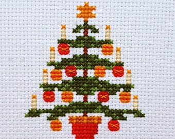 Cross stitch pattern, Christmas tree, hoopart embroidery, seasonal gift, decorations for home, baubles and candles, holly branch, craft make