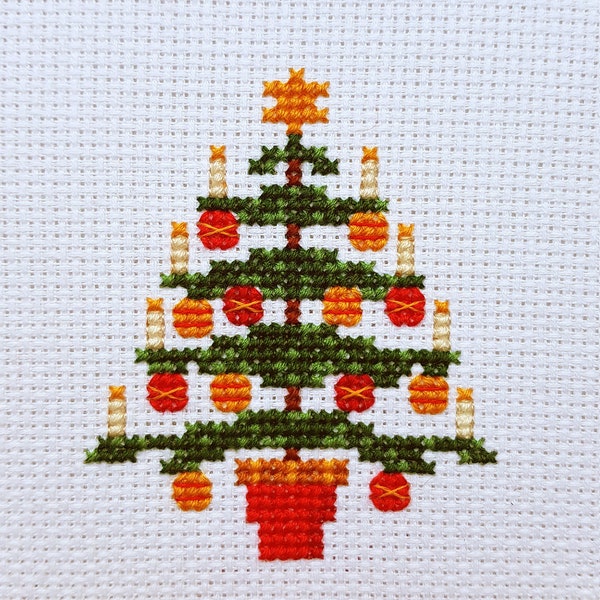 Cross stitch pattern, Christmas tree, hoopart embroidery, seasonal gift, decorations for home, baubles and candles, holly branch, craft make