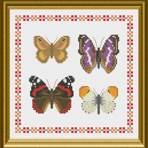 Cross stitch, pattern, four butterflies, decorative border,  gatekeeper, red admiral, purple emperor, orange tip, life size, aida 18, pdf