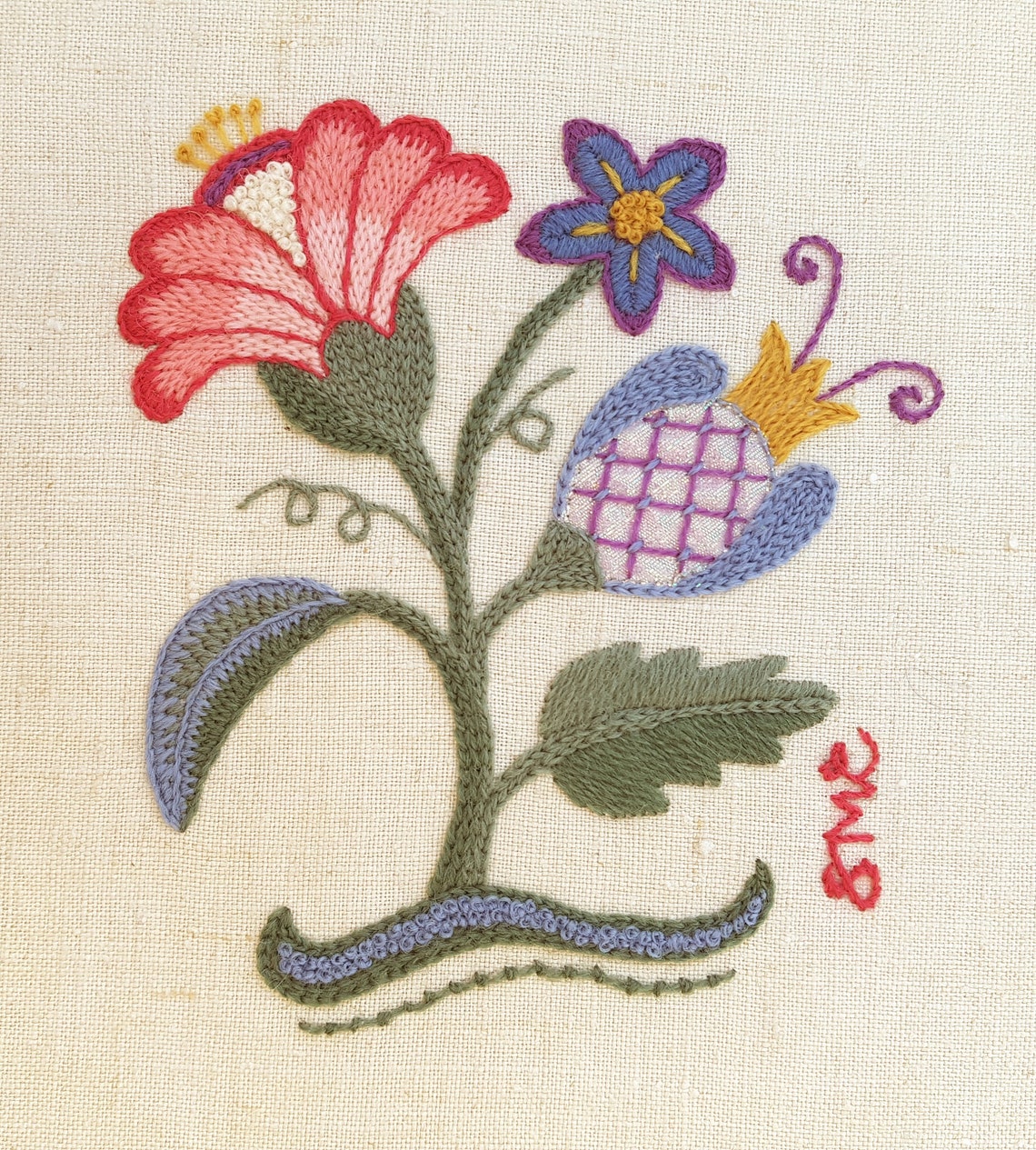 Crewel, Embroidery Designs, Patterns, Three Flowers, Floral, Sampler, Crewelwork, Art, Stylised